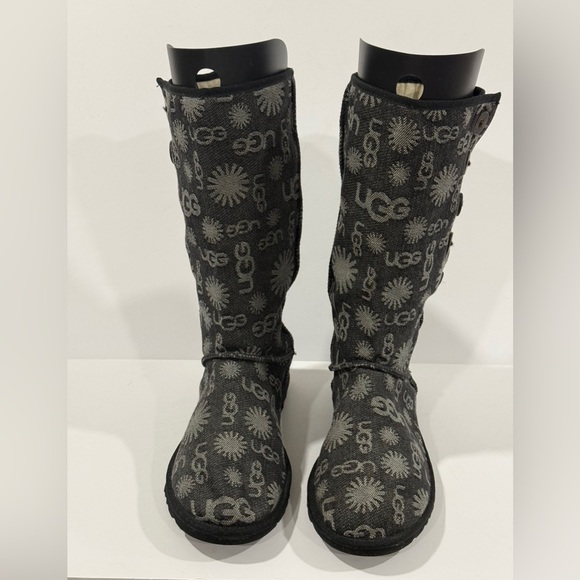 UGG Australia Tall Logo Knit Button Boots Women’s 8 Black Gray Shearling - Picture 2 of 14